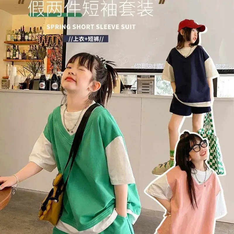 

Girls' Short-Sleeved Suit 2023 Summer New Medium and Big Children Contrast Colors False-Two-Piece Sports Short Sleeve Two-Piece