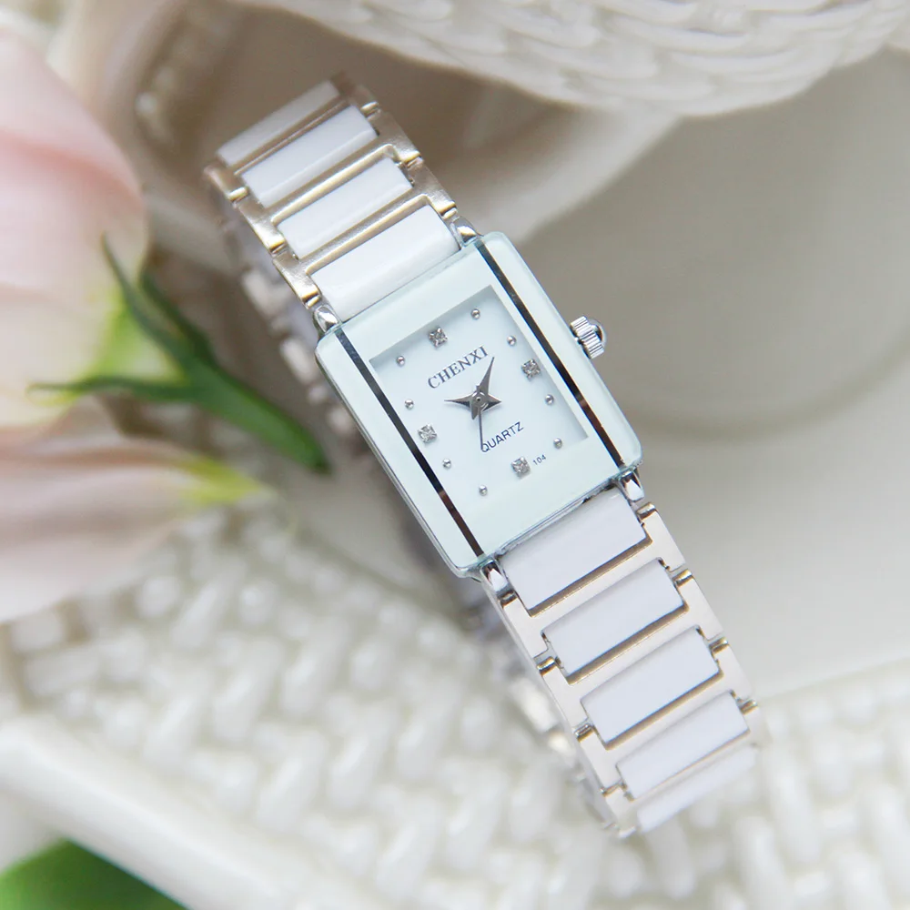 Luxe Brand Chenxi Elegante Vrouwen Horloge Strass Wit Zilver Eenvoudige Stijlvolle Keramiek Armband Quartz Casual Lady Horloge