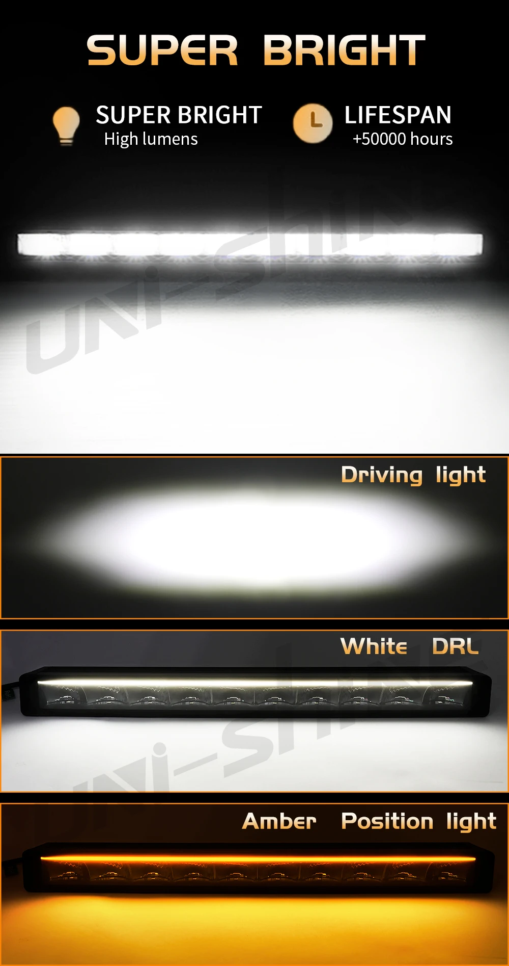 UNISHINE Slim 10-50 Inch Led Light Bar 6000K with Amber DRL 600W Work Light Bar 4x4 Offroad For Car Trucks ATV 4WD 12V 24V