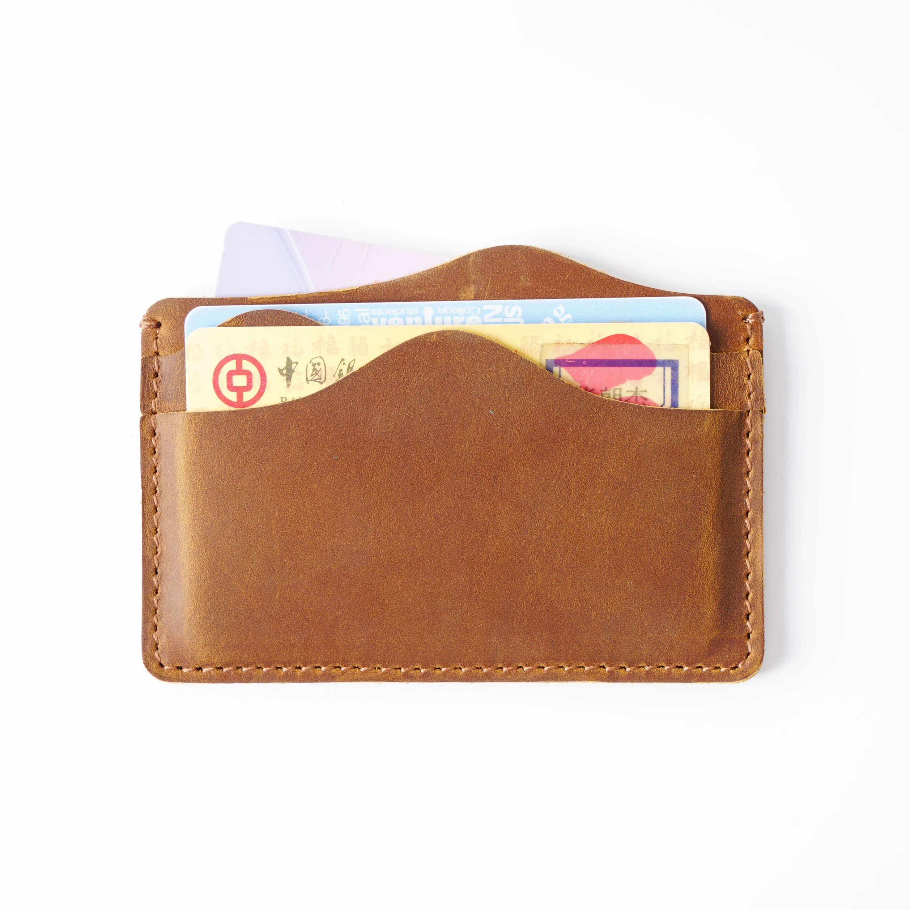 Artisan-Crafted Vintage Card Case: Top-Grain Leather Mountain Stream Design w/ Multi-Compartment Stitching