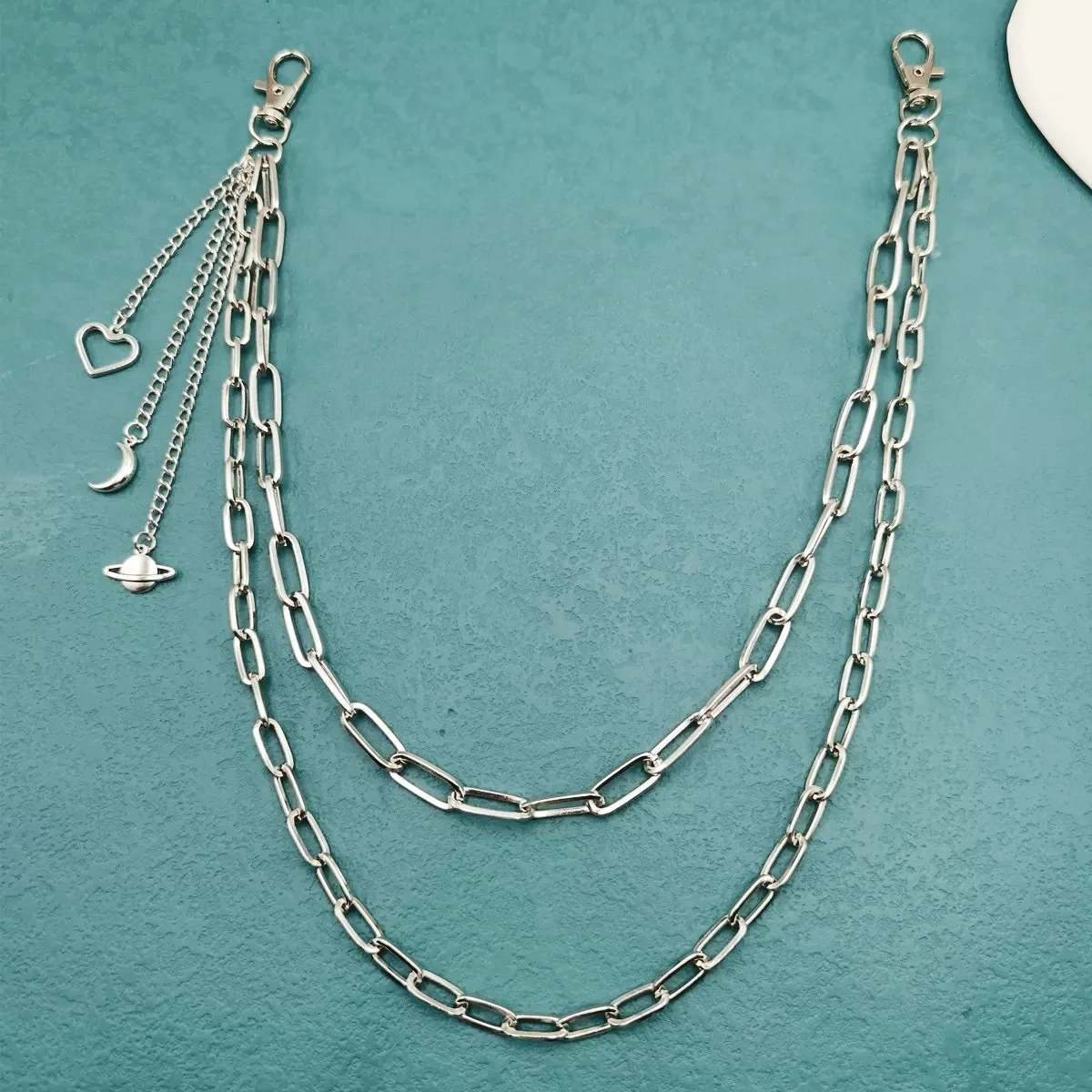 Punk Gothic Multi Layer Metal Waist Chain Belt with Moon Star Planet Pendants Hip Chain Rave Festival Party Accessory Decor