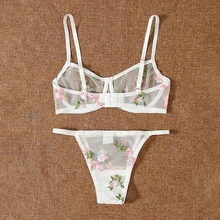 

White Lace Flower Embroidery Bra Set Sexy Bra Thong Mini Dress Suit Ladies Nightwear Underwear Transparent Lingerie Sets