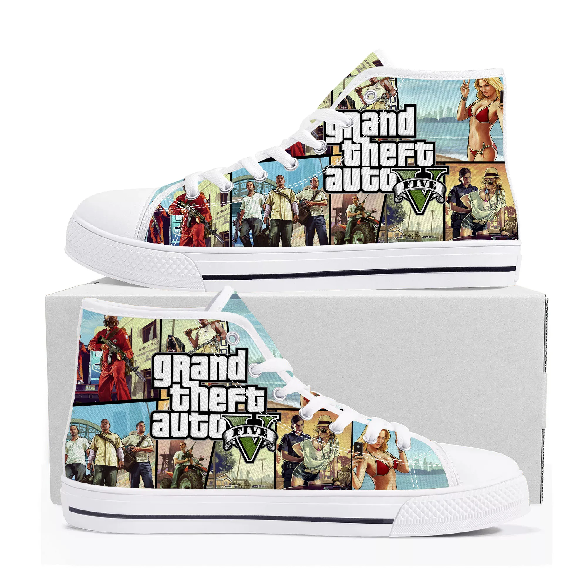 

Hot Anime Cartoon Grand Theft Auto GTA V 5 High Top Sneakers Mens Womens Teenager Canvas Sneaker Casual Couple Shoes Custom Shoe