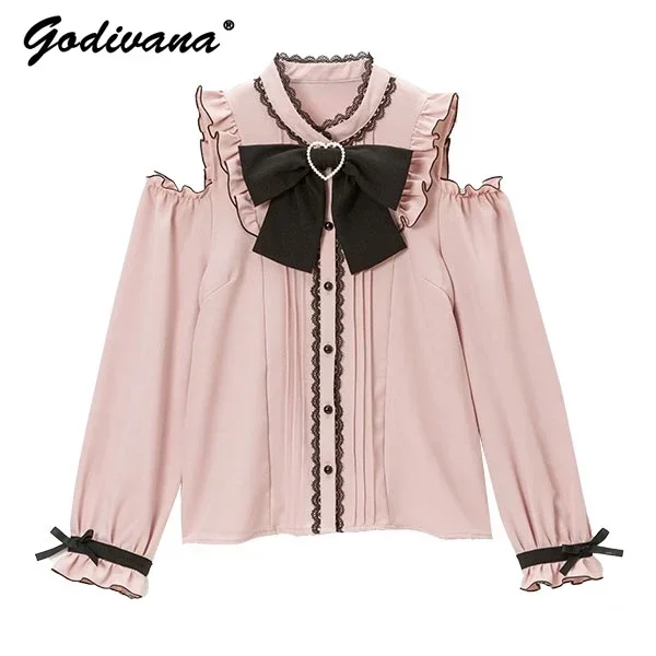 Japanese Style Rojita Shirt 2023 Spring Girl Women's Sweet Bow Off-Shoulder Long Sleeve Tops Love Heart Blouses Camisa Feminina