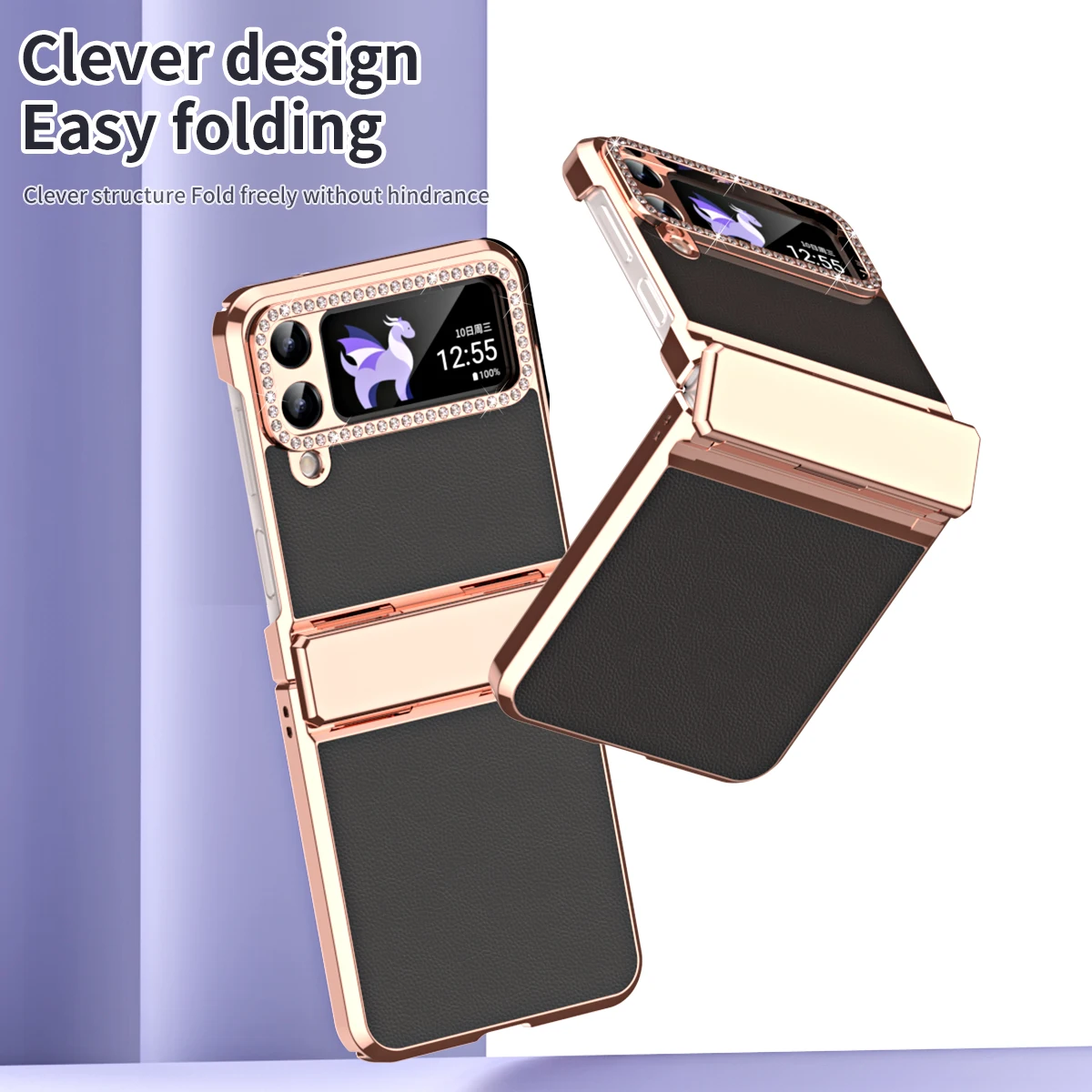 For Samsung Galaxy Z Flip 5 Case Hinge Leather Plating Glitter Bling Diamond Phone Cover Z Flip 4 3 Case Shockproof