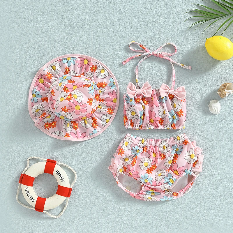 Children swimwear EWODOS 0-24Months Toddler Baby Girl 3pcs Swimsuits Summer Fruit Print Bandage Halter Sleeveless Tops Beach Shorts and Hat Sets