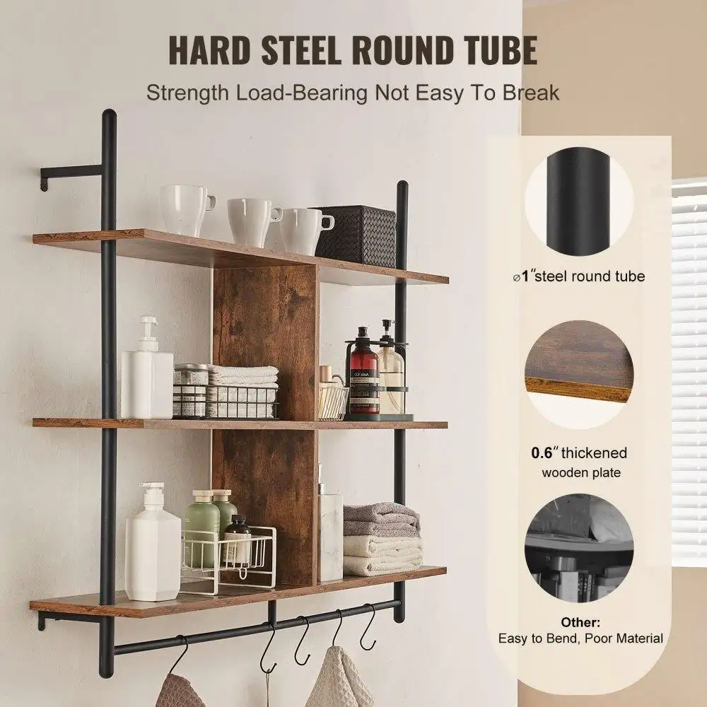 Industrial Pipe Shelf 3 Tier 41.5x9.84in Wall-Mount for kitchen Bedroom 6