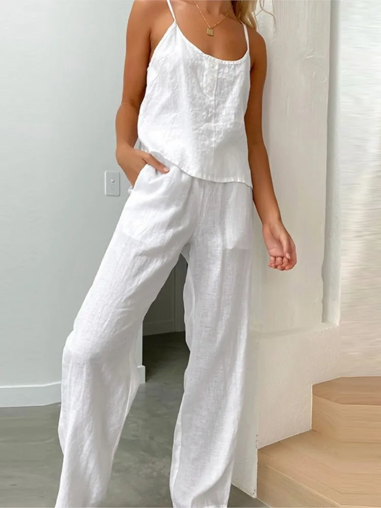 

Cotton Linen Two Piece Set Women 2023 Summer Sexy Sleeveless Sling Tops+Loose Solid Wide Leg Pant Sets Fashion Thin Pajamas Set