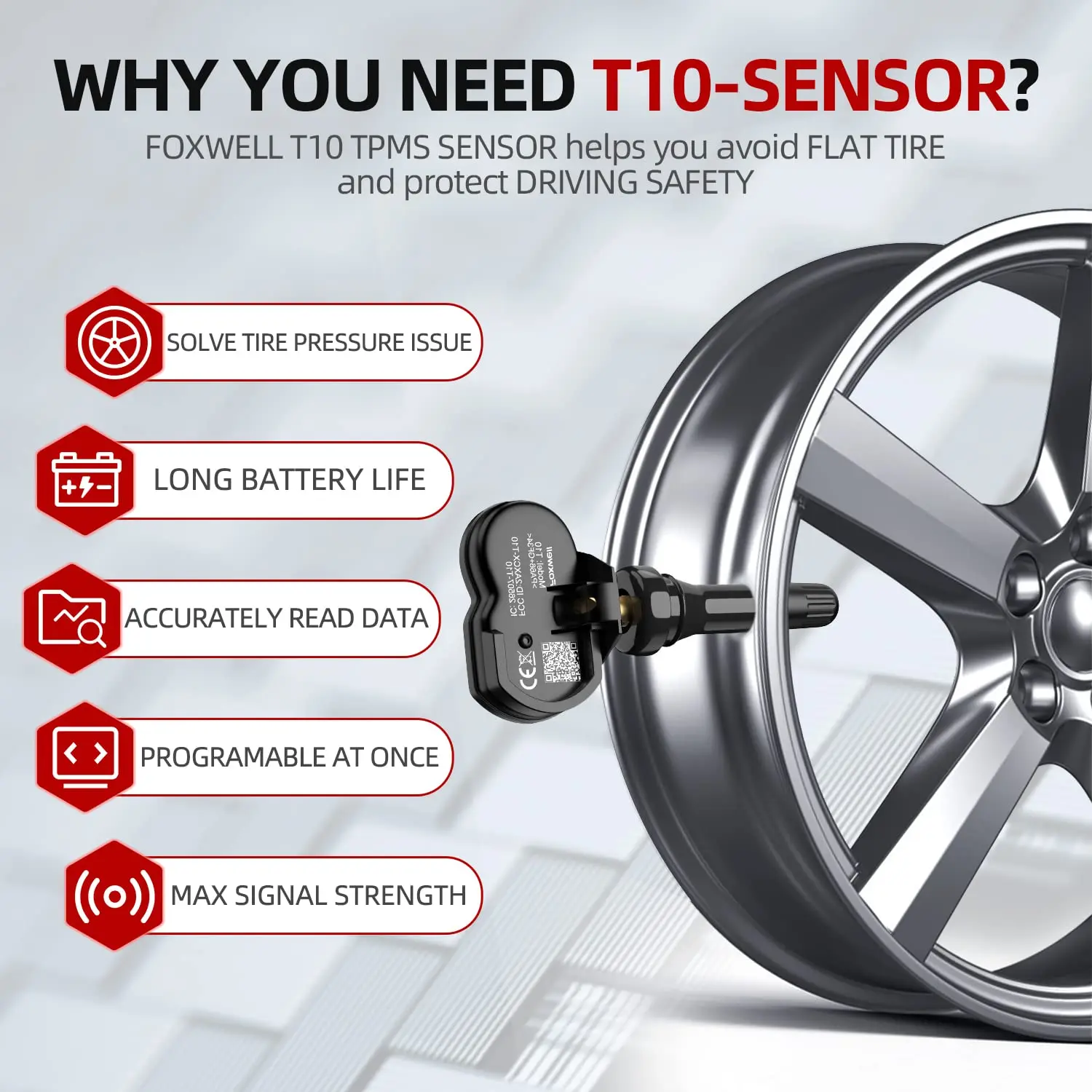 Foxwell 범용 프로그래밍 활성화 타이어 압력 모니터 테스트 수리 도구, T10 MX 센서 TPMS, 2 in 1 433MHz 315MHZ OE 레벨