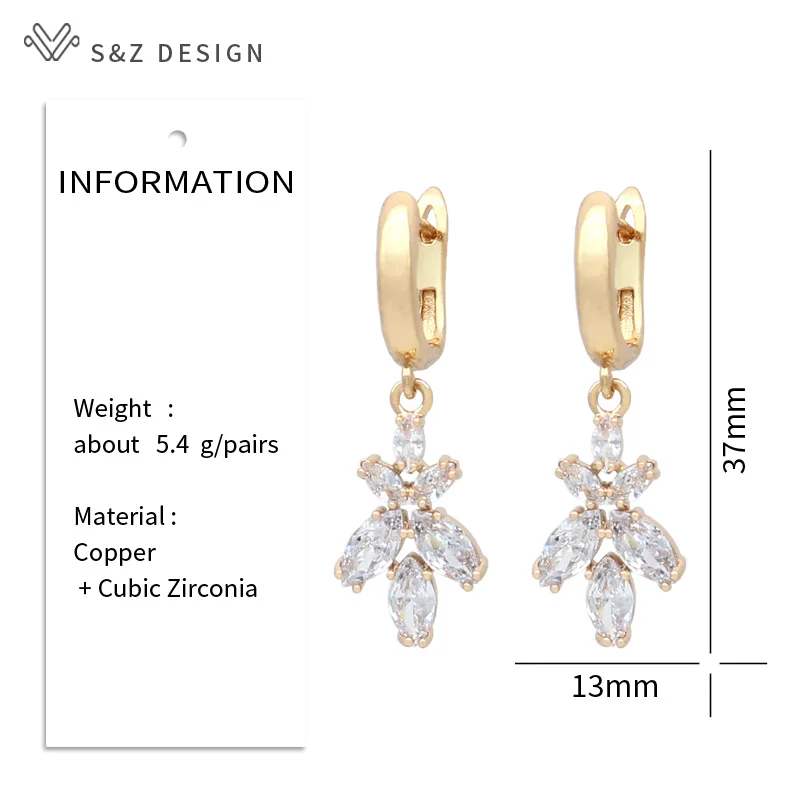 S&Z DESIGN New Fashion White Flower Cubic Zirconia Orchid Dangle Earrings For Women Wedding Champagne Gold Color Jewelry Gift