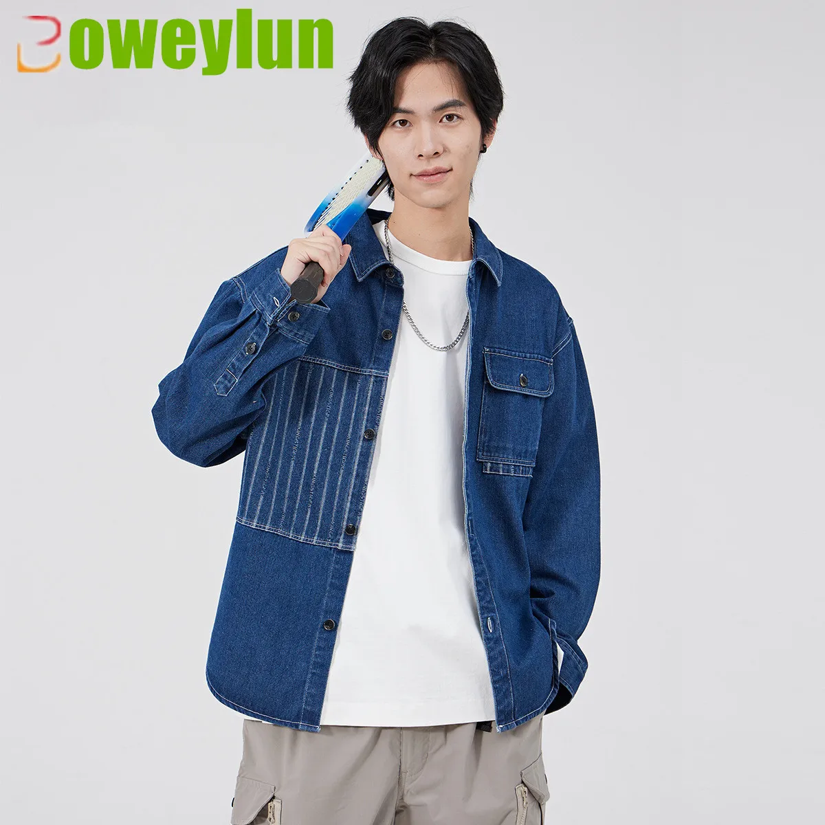 Boweylun New Denim Shirt Men Spring And Autumn Comfortable Skin-friendly Fashion Splicing Casual Shirt Jacket Teenagers