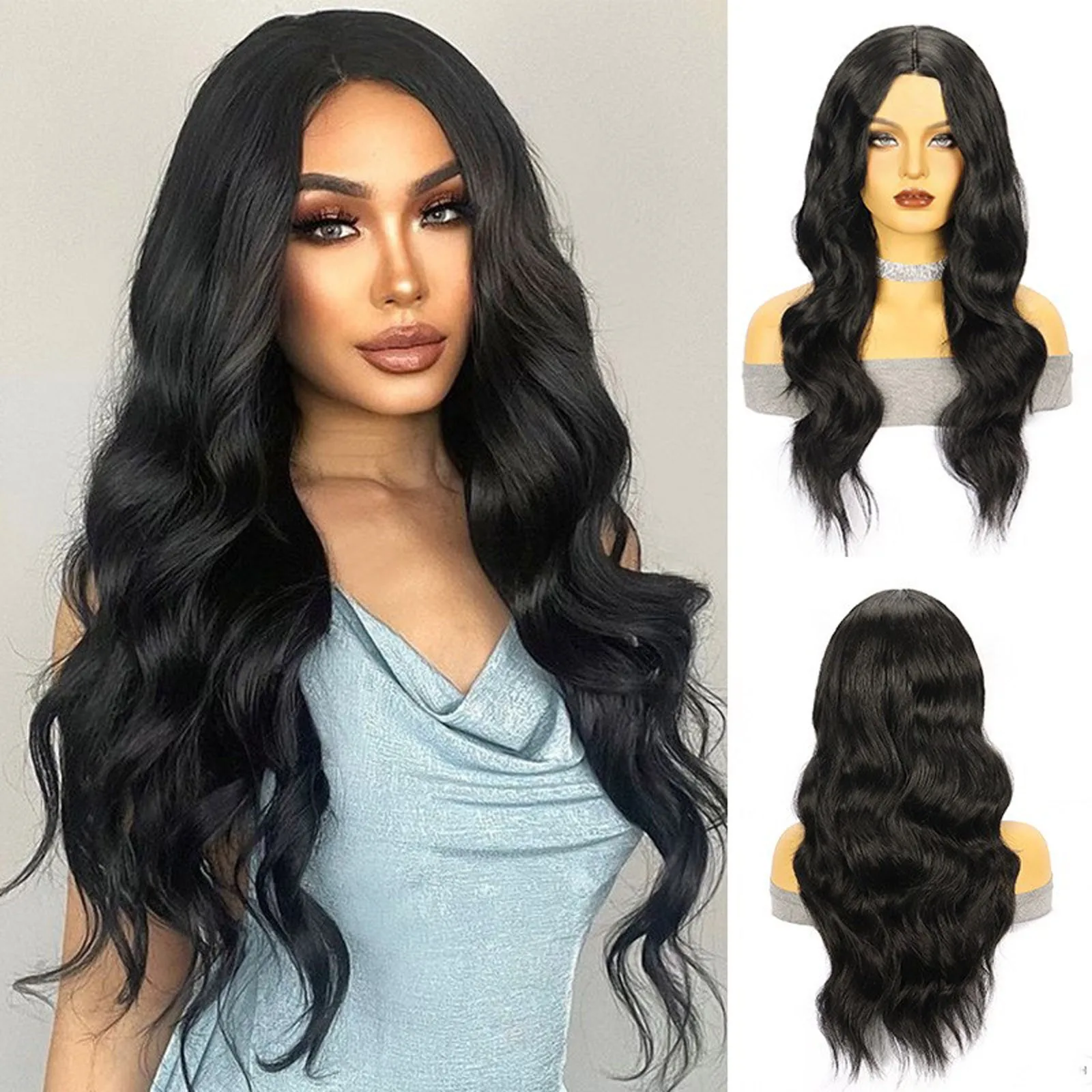 

Wig Girl Wig Fashion Center Parted Black Highlights Big Wave Long Curly Wig Elegant Temperamental Natural Full Head Cover