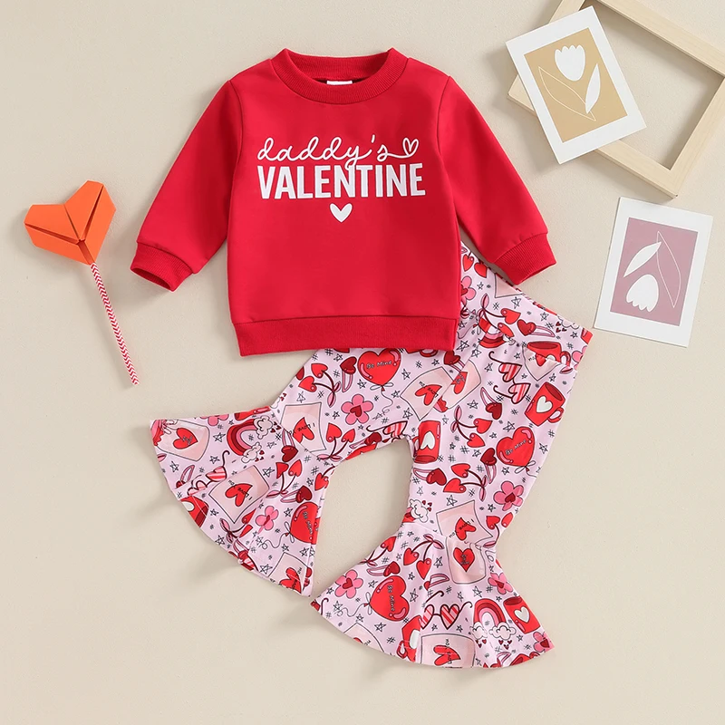 

SUNSIOM Baby Girl Valentine’s Day Outfits Long Sleeve Letter Print Sweatshirt Cartoon Flare Pants Toddler Spring Fall Clothes