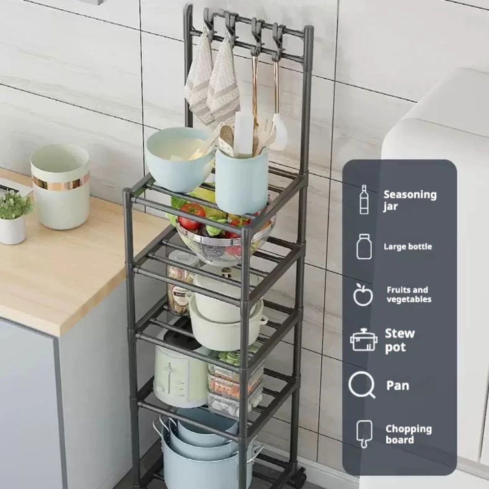 Kitchen Storage Rack Floor Standing with Pulley Kitchen Microwave Organizer Multilayer Home Oven Rack with Hook Easy To Assemble
