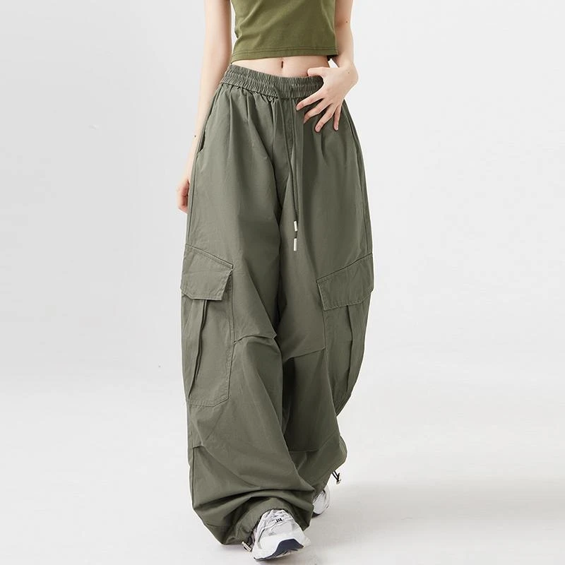 WomenGreenCargoPantsStreetwearHighWaistAmericanWideLegPants