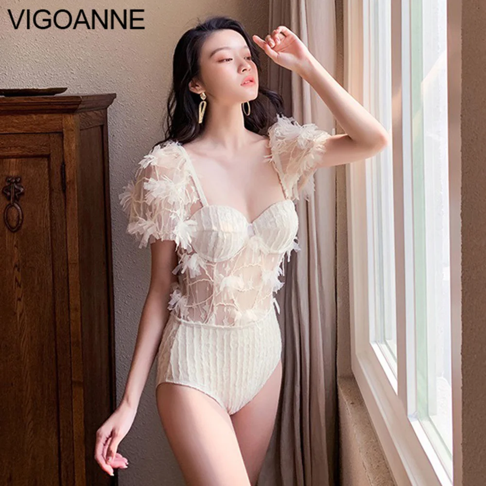 

VigoAnne Beige Lace Swimwear Women 2023 Sexy Underwire Push Up One Piece Swimsuit Korean Slimfit Monokini Backless Bathing Suit