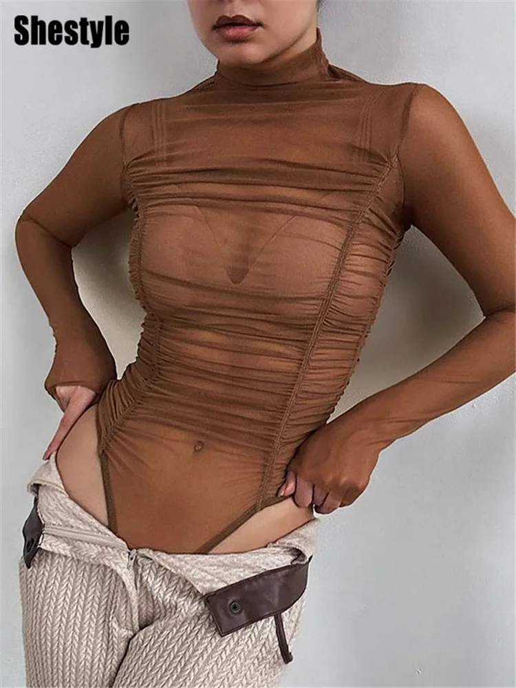 

Shestyle Mesh See-Through Bodysuit Women Ruched Turtleneck Sheer Autumn Basic Sexy Solid Pleated Stylish Tees Clubwear Midnight