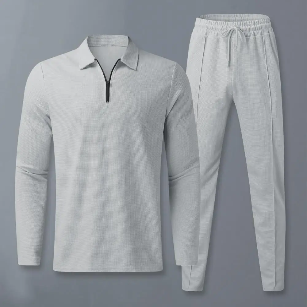 

Men Regular Fit Suit Tracksuit Men's Solid Color Tracksuit Set with Turn-down Collar Shirt Drawstring Elastic Waist for Fall