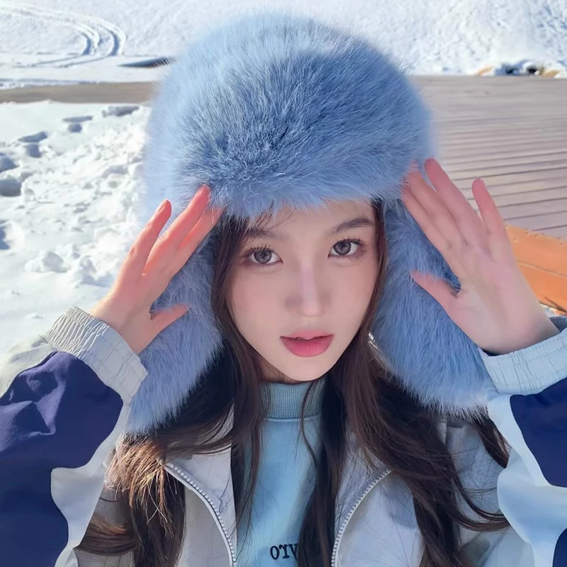

Blue Imitation Marten Fur Bomber Hats for Women Plush Fluffy Windproof and Cold Proof Warm Ear Protection Hat Winter Beanies Hat