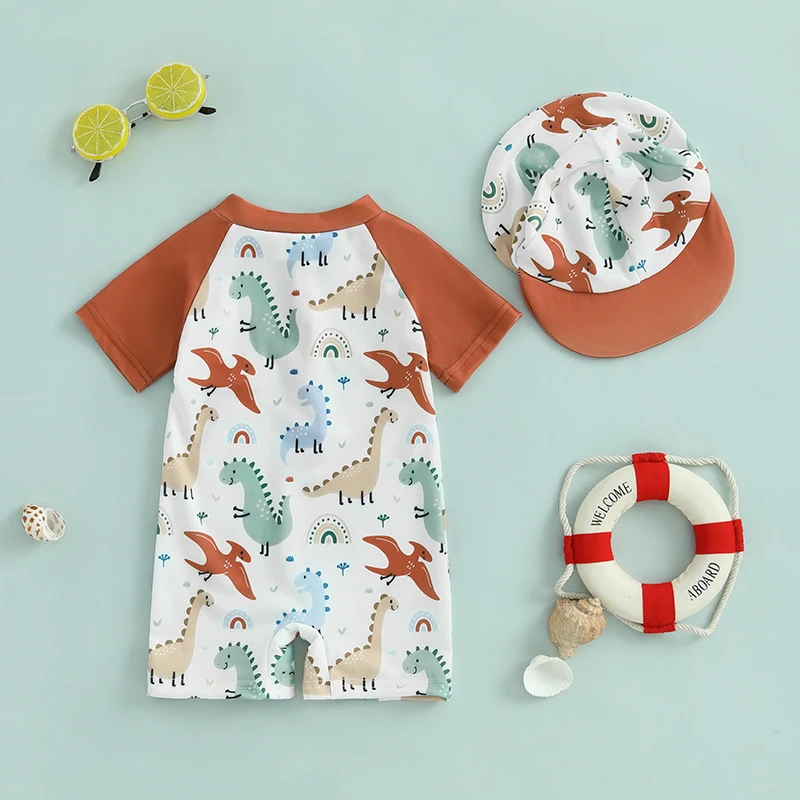 Toddler Infant Baby Kid Boy Swimsuit Dinosaur Pattern Short Sleeve Half Zipper Non-Pilling Rash Guard Swimwear Sunhat Set
