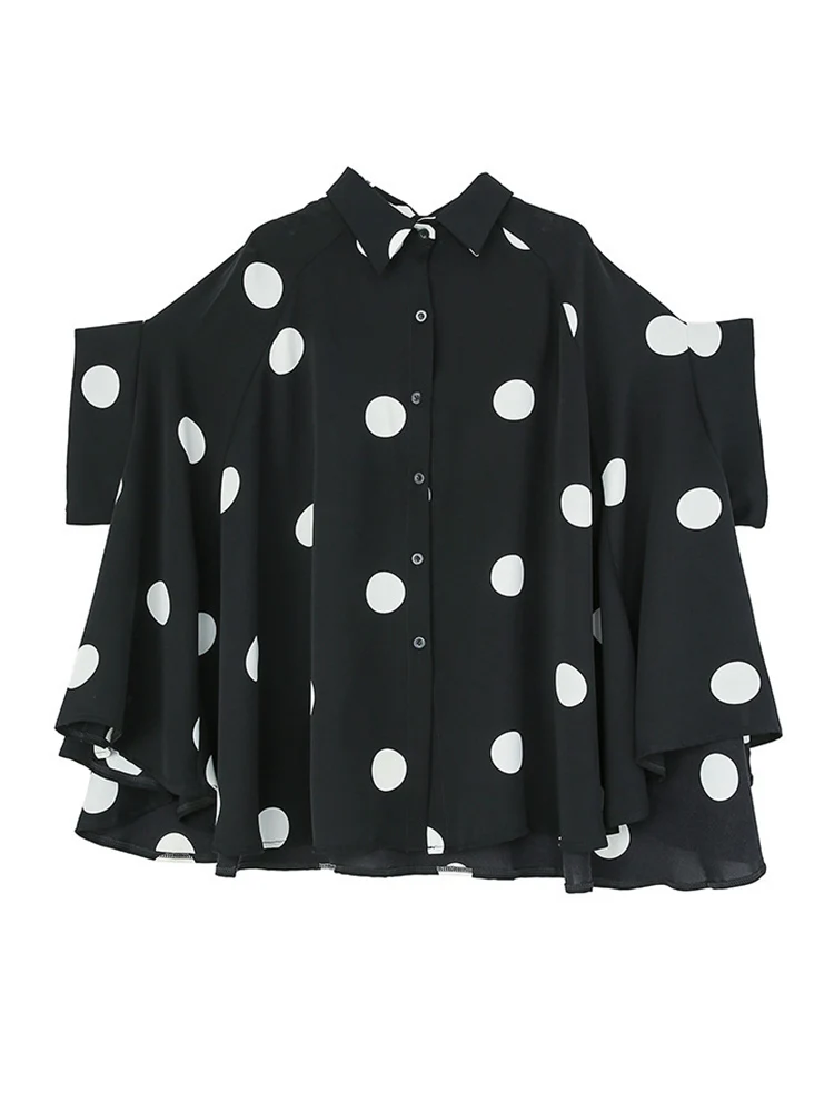 Black Vintage Polka Dot Print Blouse Women New Chiffon Lapel Short Sleeve Loose Casual Shirt Tops Fashion Summer Clothes 2025