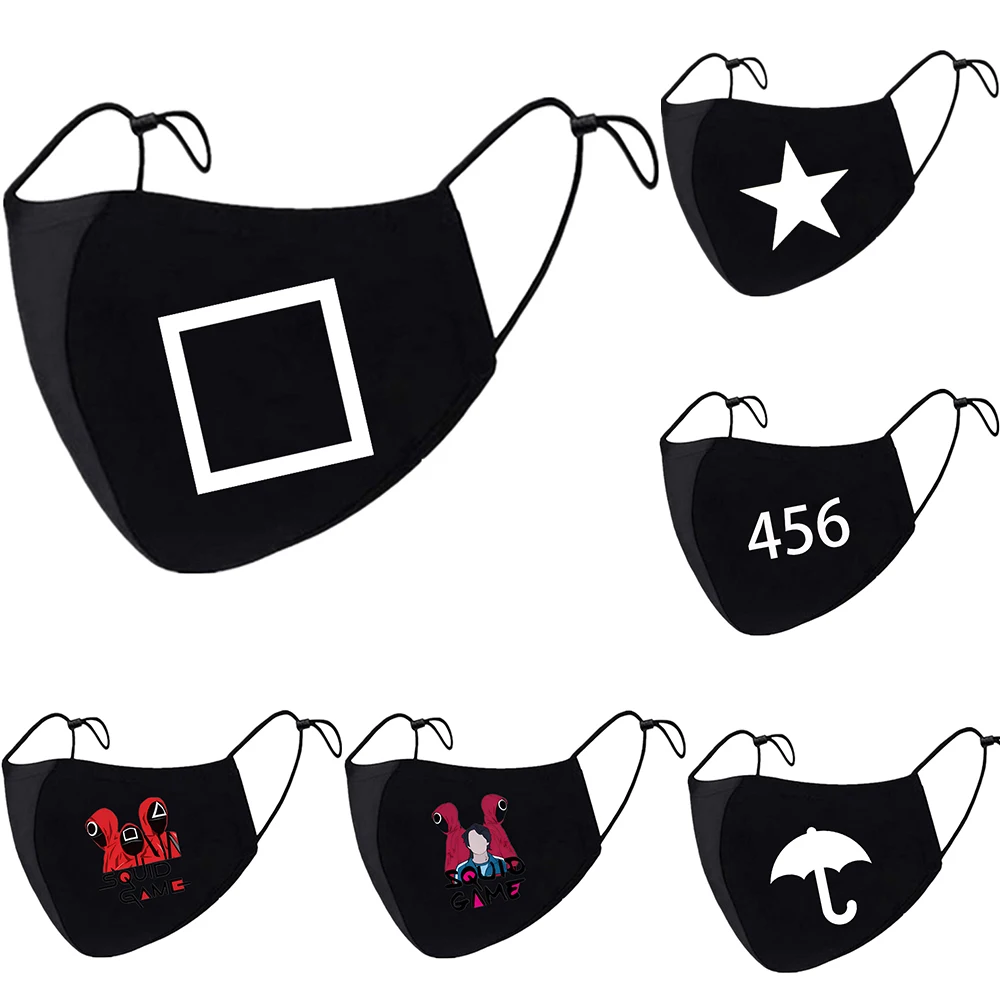Adult Squid Game Printed Reusable Washable Pm2.5 Protection Adjustable Unisex Black Masks Earloop Bandage | Тематическая одежда и