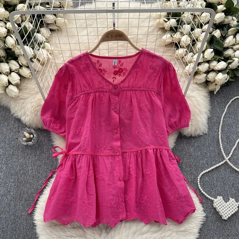 

Блузка женская с вышивкой, милая рубашка с пышными рукавами, на шнуровке, свободная облегающая универсальная дизайнерская блузка с завязками, на лето