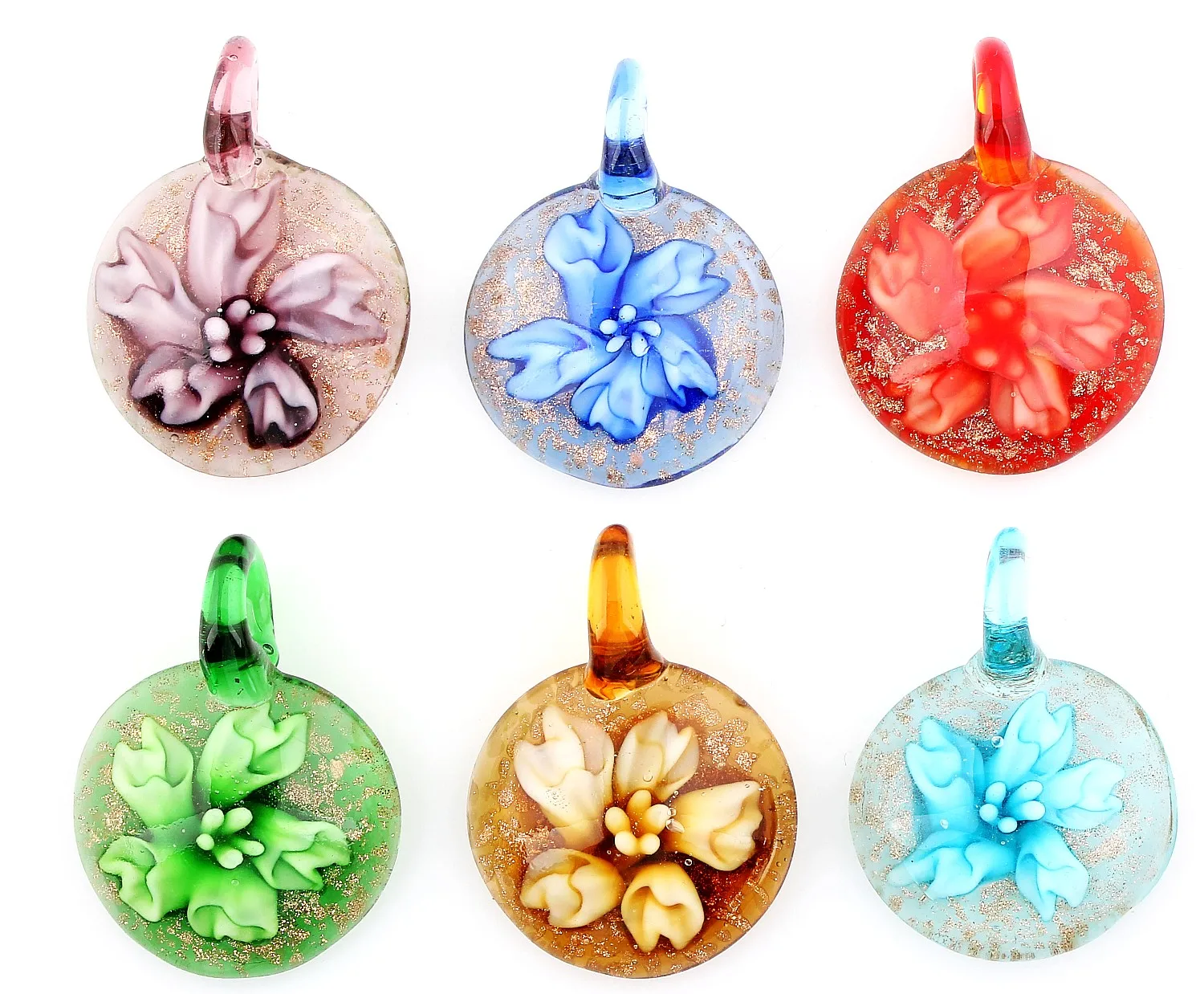 Heißer Verkauf Großhandel Lose 6 stücke Murano Lampwork Glas runde Blume Anhänger für Frauen Geschenk heiß