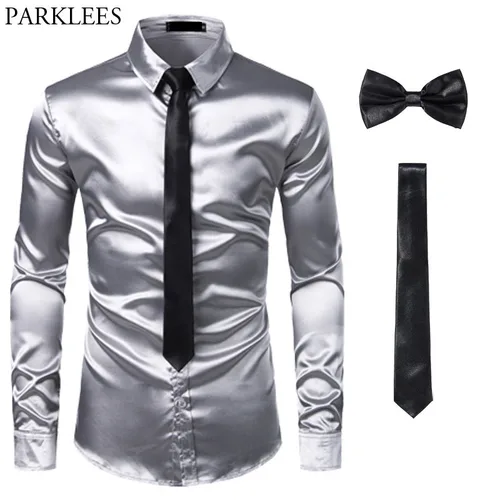 명품 남성의류 실크 드레스 셔츠 3Pcs (셔츠 + 타이 + Bowtie) 부드러운 새틴 셔츠 남자 슬림 피트 파티 댄스 파티 공연복 빅사이즈 남성의류 5