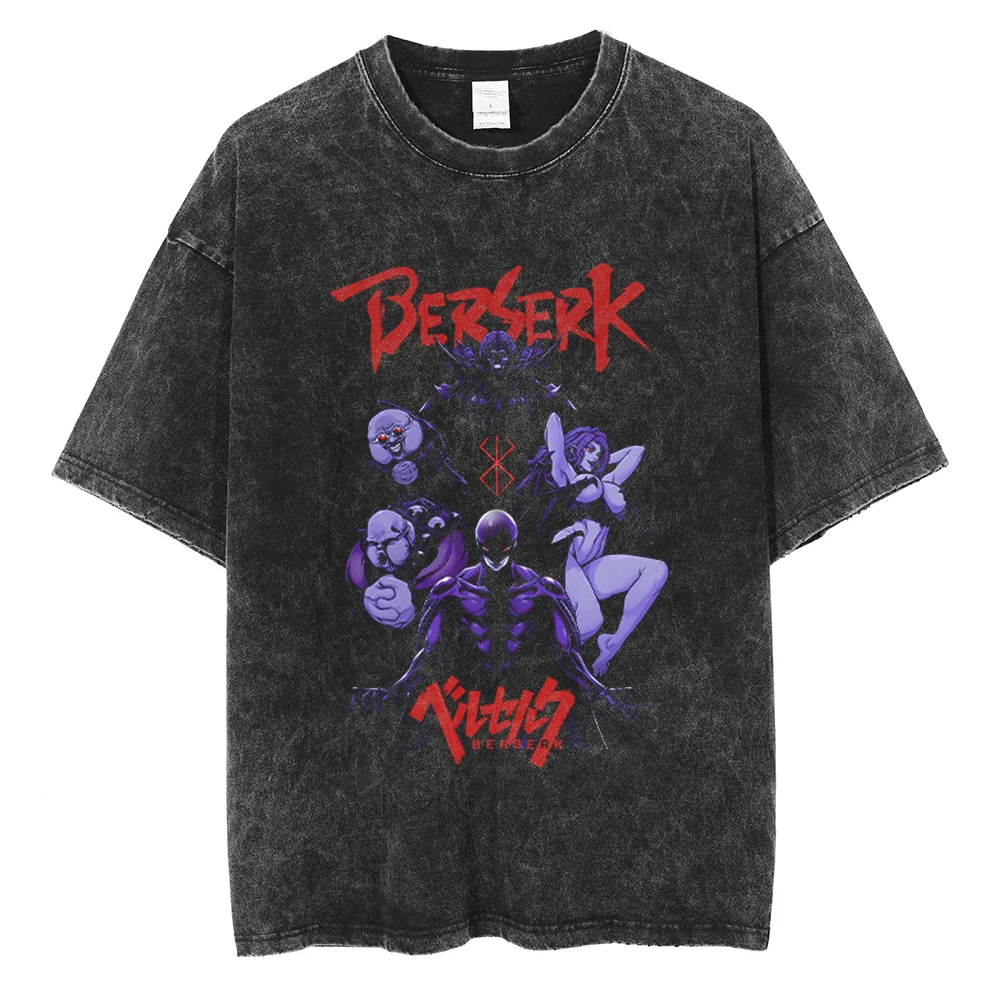 Vintage Washed Berserk T-Shirt für Herren und Damen Retro Anime Totenkopf Grafik Tees Übergroße Streetwear Baumwolle Kurzarm T-Shirts – Detail 29