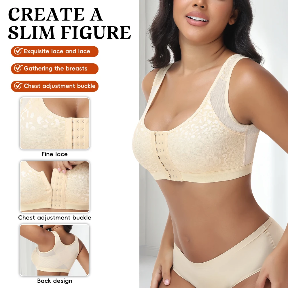 Reggiseno da donna con chiusura frontale in pizzo, senza ferretto, con spalline larghe, supporto push-up, regolabile, traspirante, modellante, lingerie - immagine 3