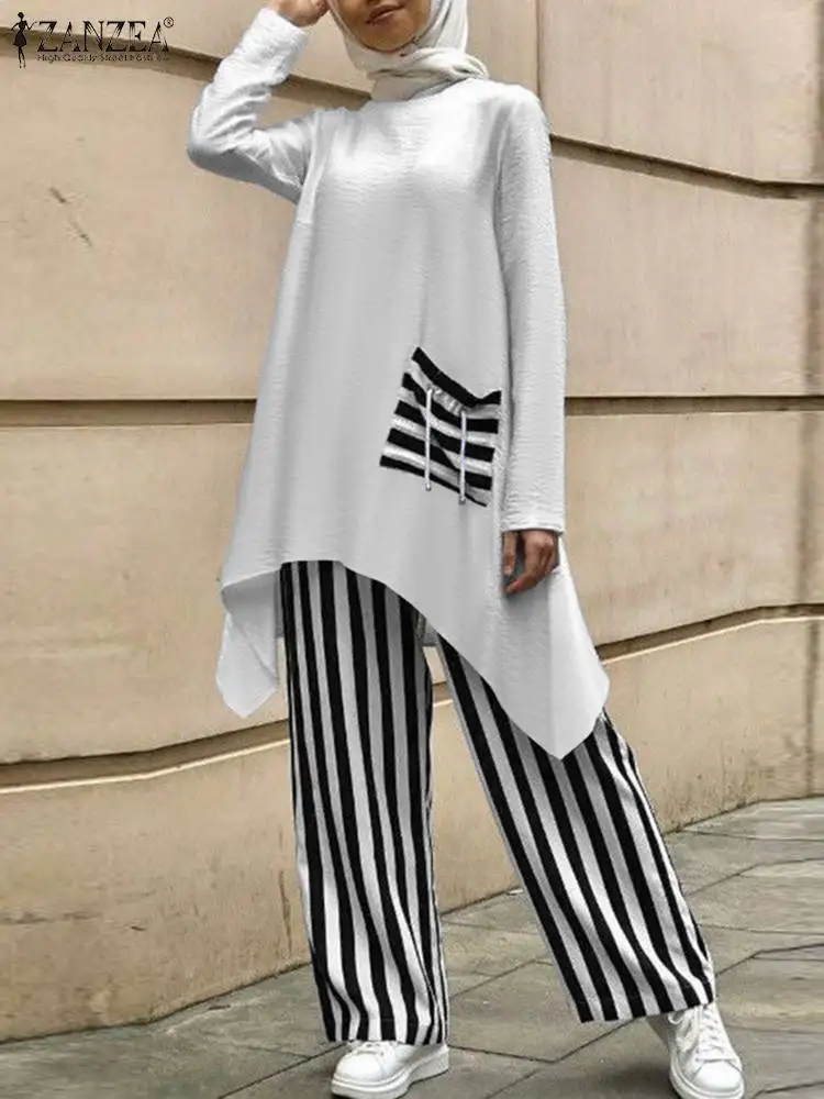 

ZANZEA 2PCS Muslim Sets Women Full Sleeve Long Shirt Elegant Abaya Set 2023 Striped Tracksuits Causal Pantsuits Islamic Clothing