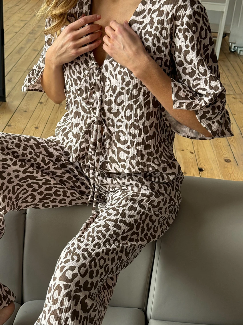 Marthaqiqi Leopard Print Female Pajama Set Sexy V-Neck Pajama Half Sleeve Nightie Lace Up Nightwear Pants Causal Nightgowns Suit