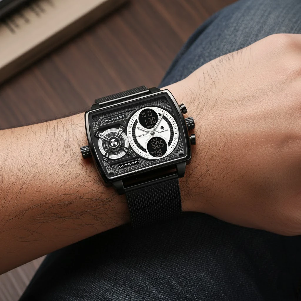 GOLDENHOUR Luxury Black Men’s Industrial LED Digital-Analog Waterproof Luminous Quartz Wristwatch