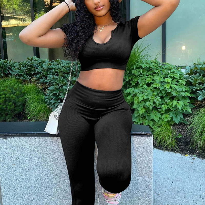 

Women Casual Set Rib Lycra Short Sleeve Tops T-Shirts Tee Pants Gym Yoga Tight Fitting Sports Workout Breathable Two Piece Suits