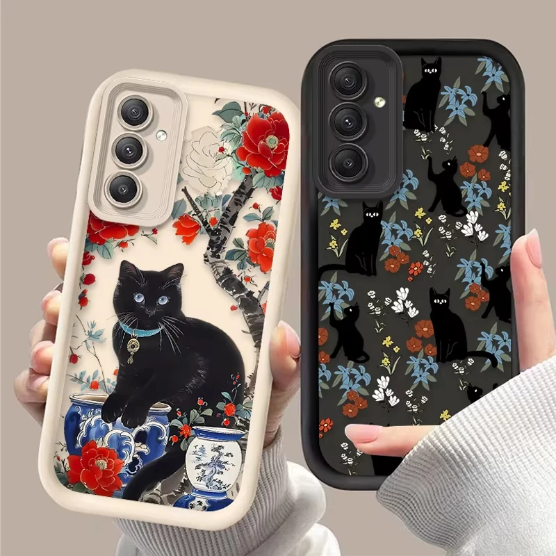 Artistic Black Cat Flower Design Phone Case
