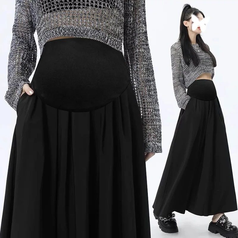 Spring Maternity Pleated Skirt with Pockets Large Hem Pregnant Woman Long Loose Suit Skirts Tall Lady Belly Skirts Formal