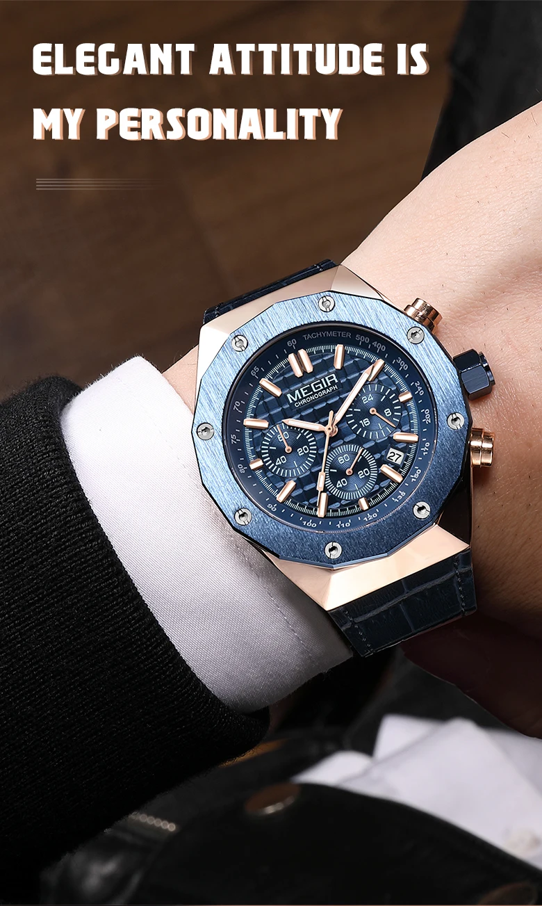Montre-bracelet à quartz chronographe de luxe pour homme, marque MEGIR, boîtier polygonal, mode décontractée, affaires, cadeau masculin, avec date automatique_voghion.com