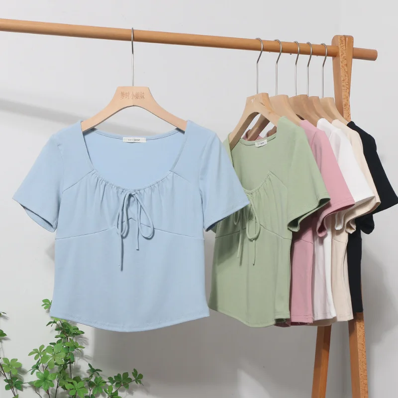 

Square Neck Lace-up Short Sleeve T-shirt Short Solid Color Slim Top Female 2023 Summer Cotton High Waist Crop Top Tee