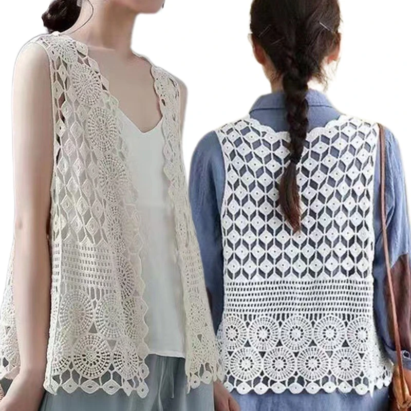 

Women Hippie Boho Crochet Sleeveless Vest Open Front Lace Cardigan Geometric Diamond Circle Beach Cover Up Waistcoat