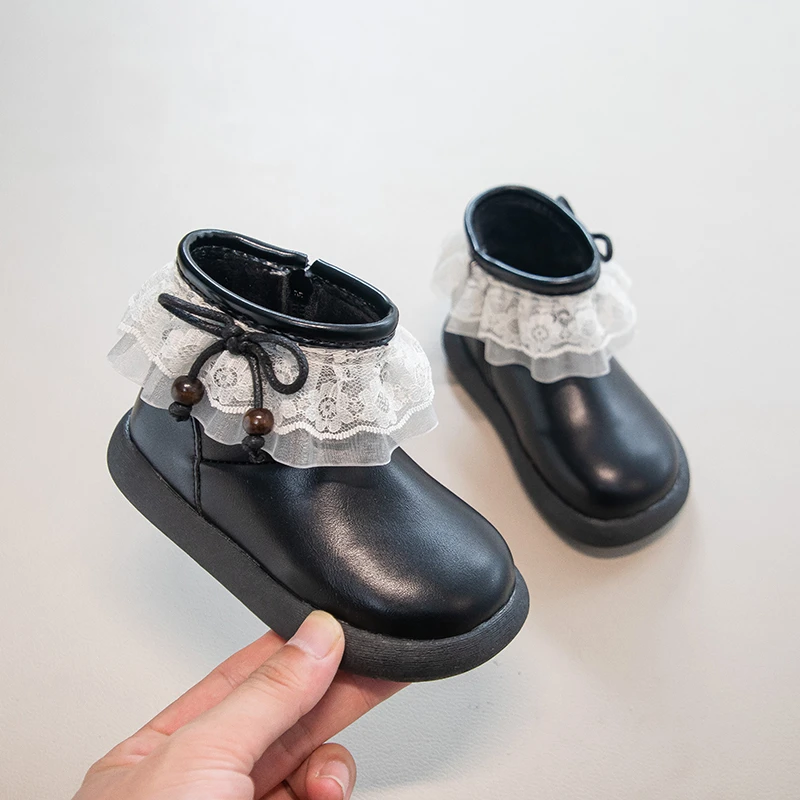 Leather Kids Fleece Boots for Girls with Lace Bowknot