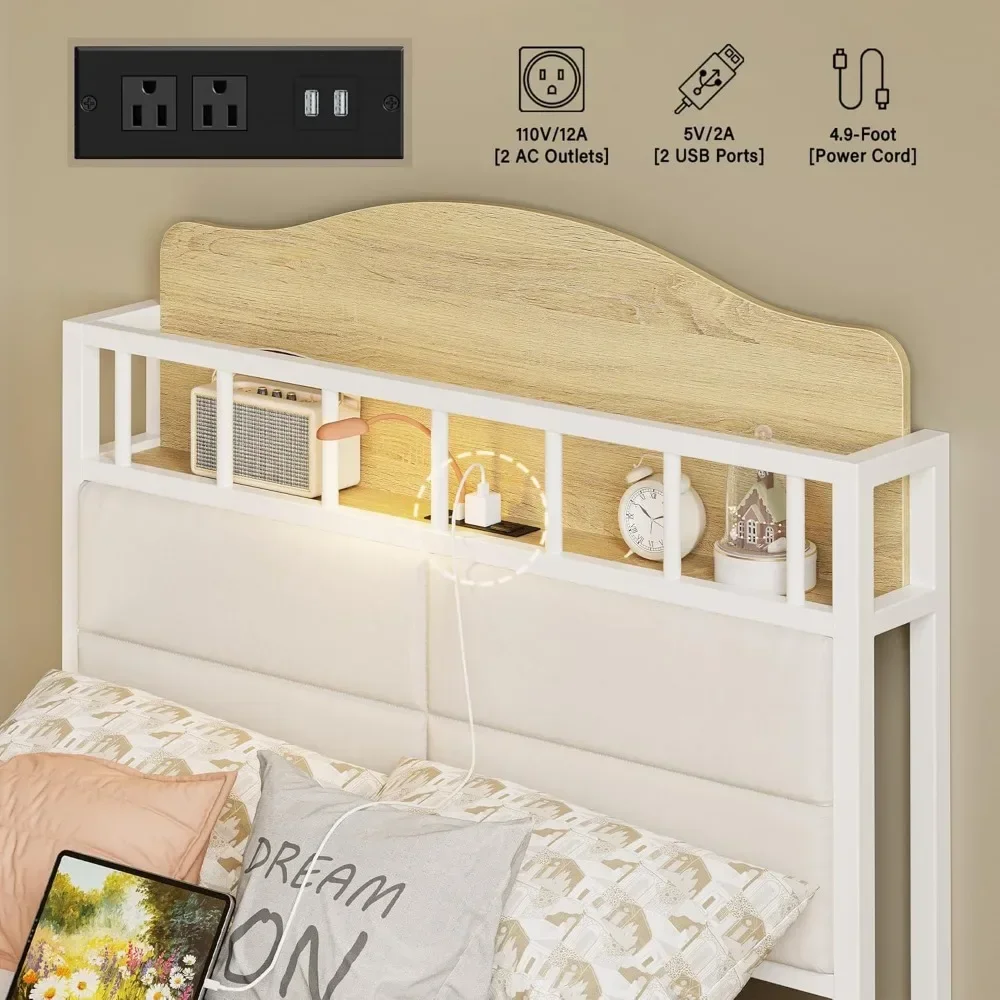 Twin Bed Frame with Guardrail & Bedside Caddy,Multifunctional Headboard with Charging Station,Metal Platform Bed, White 4