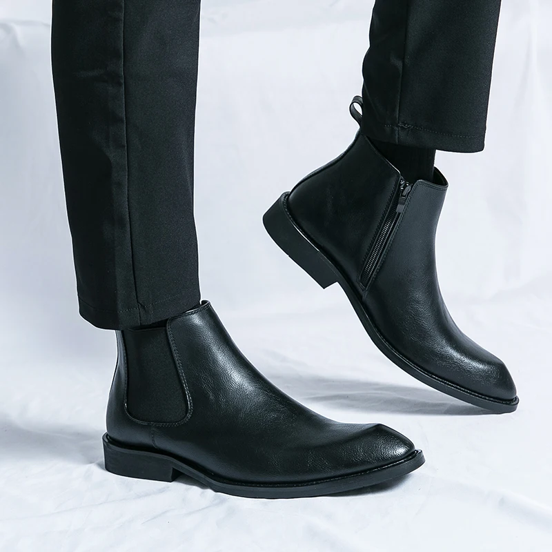 Classic Chelsea Boots Side ZIP Slip-on High-top Boots Men's Luxury Leather Ankle Fashion Business Short For Suits