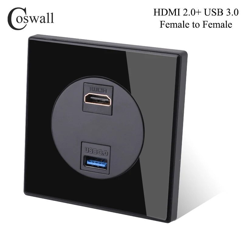 thumbnail image 1 of Interruptor de luz de pared COSWALL de 1/2/3/4 entradas, 1/2 vías, encendido y apagado, gran apertura, luz de fondo LED, datos, HDMI, cargador USB, panel de vidrio negro, 1 of 5