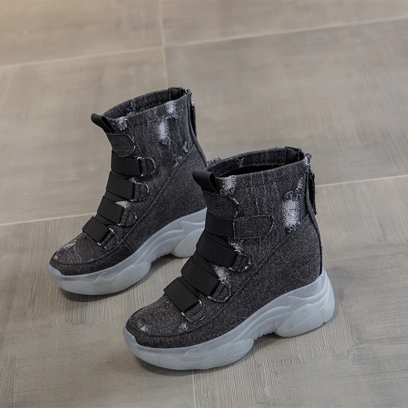 

Black Blue Denim Inner Raised Short Boots 2023 Spring and Autumn New Mesh Hollow Thick Sole Korean Fashion Casual Women's Shoes