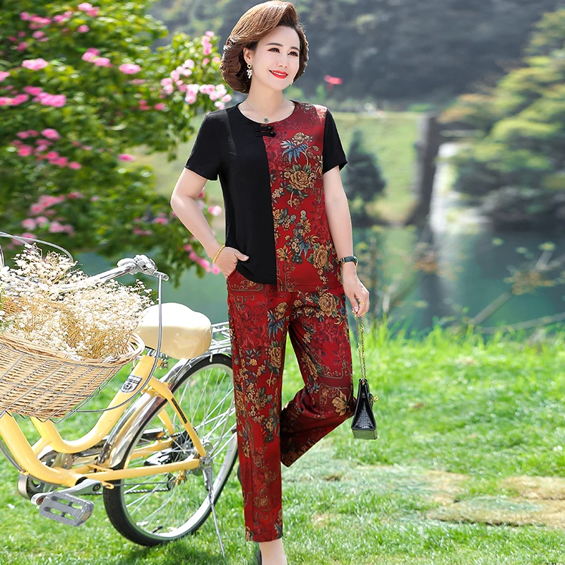 

2022 Middle Aged Mother Women Sets 2 Pieces Emulation silk Clothing Set Size 5XL Summer Floral Printed T-shirt Tops+Pants