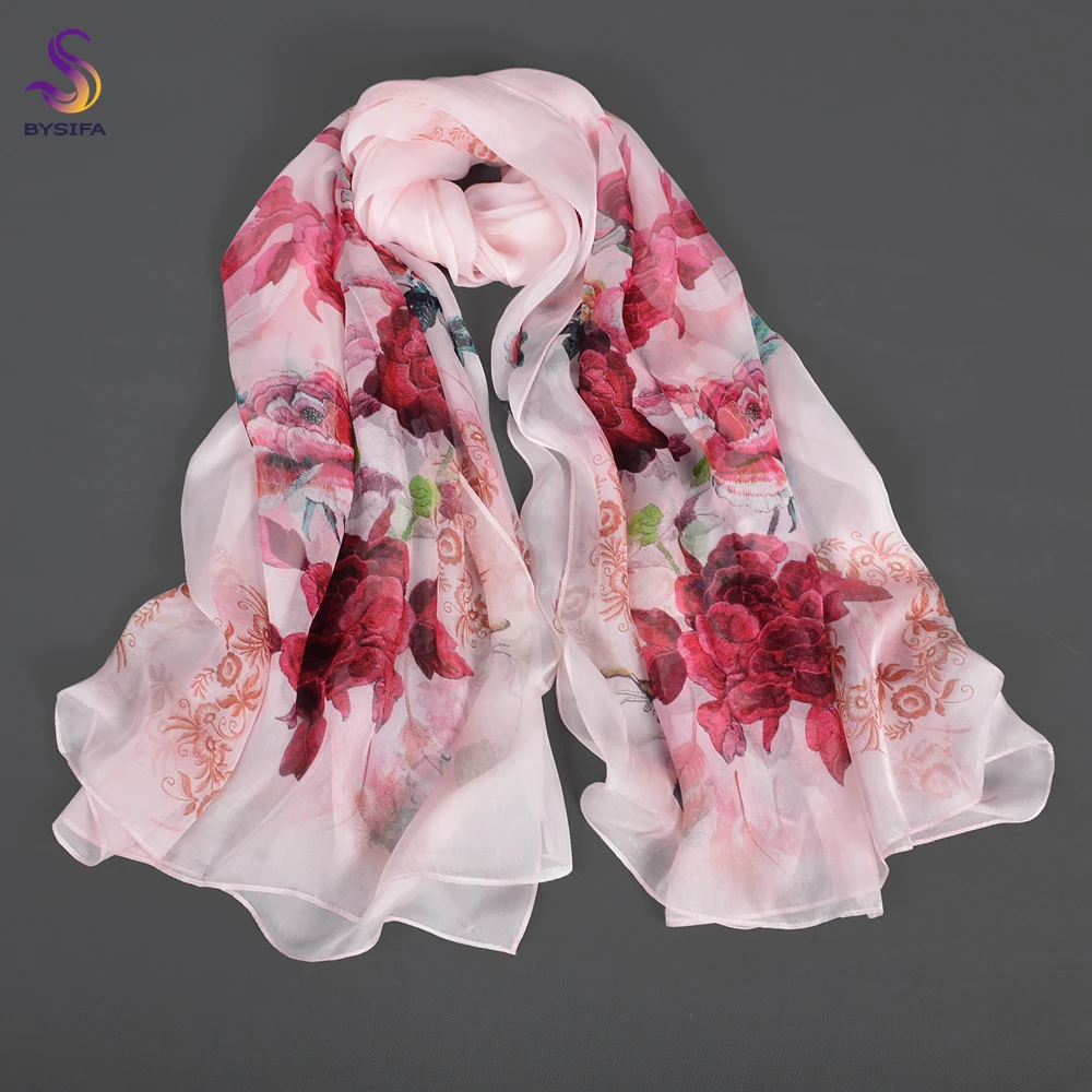 BYSIFA| Pink 100% Natural Silk Scarf Bufanda Women Elegant Chinese Style Peony Design Summer Long Scarves Beach Shawl Accessory 2