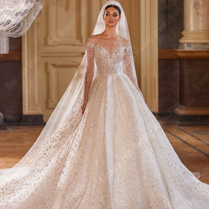 Luxury V-Neck Women Wedding Dresses Bright Sequin Bridal Gowns A line Mopping Length Long Sleeves Vestidos De Novias Customized 3