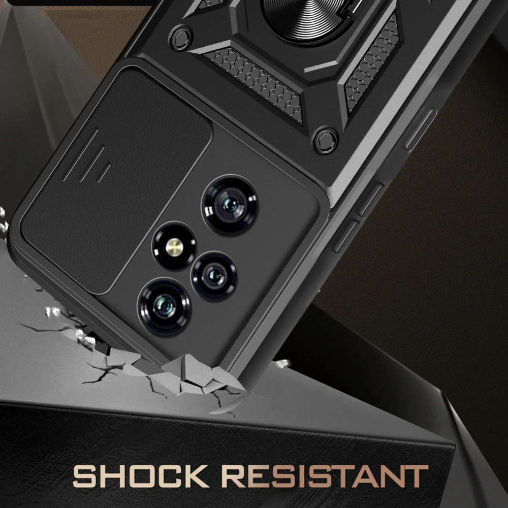 Durable Phone Case with Slide Lens Cover, Rotating Ring, and Shockproof Stand Holder