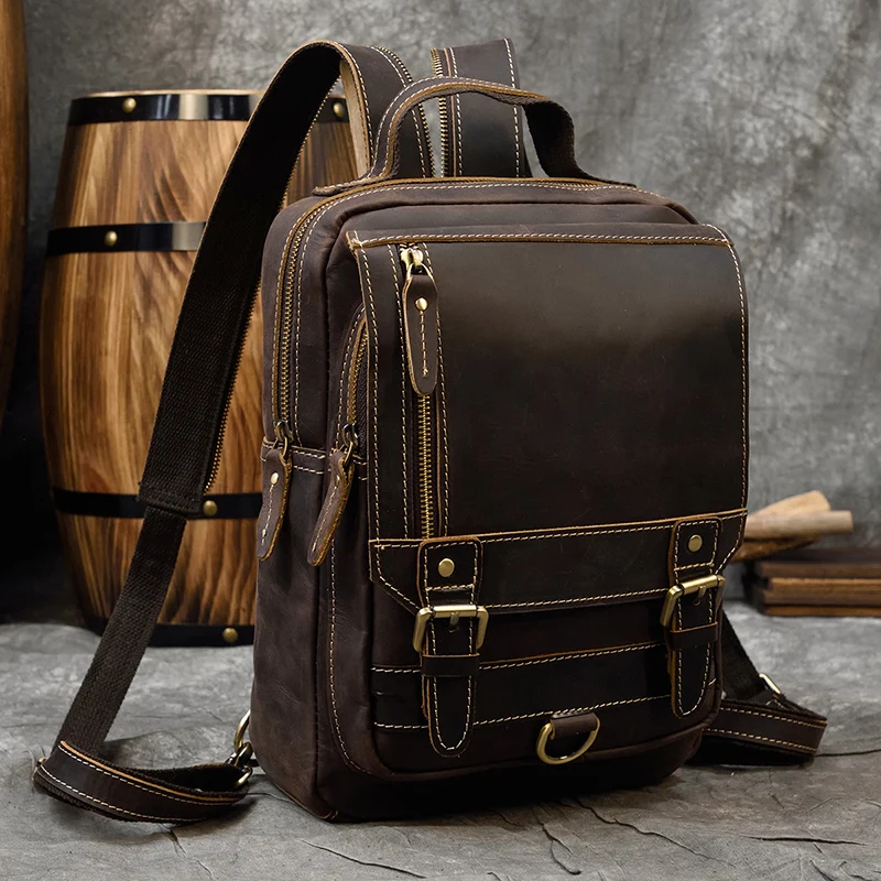 

Genuine Leather Single Shoulder Bapack Chest Bag Dual Use Leather bags Men travel bag outdoor cowhide bags mini backpack